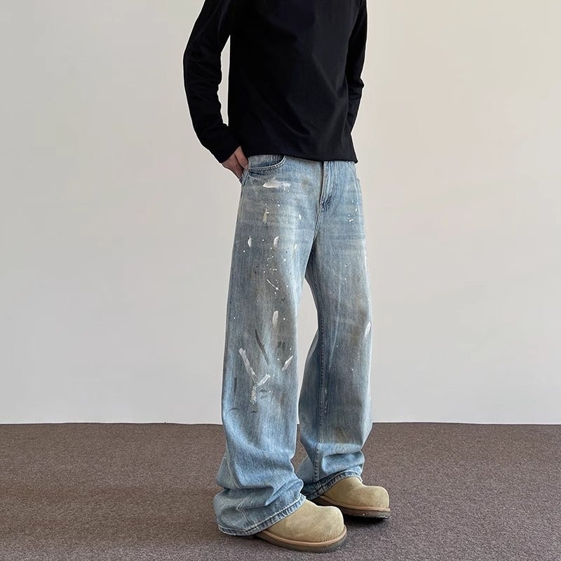 American Retro High Street Vibe Distressed Splatter Jeans Trendy Loose Straight Casual Versatile Designer Pants - Image 4